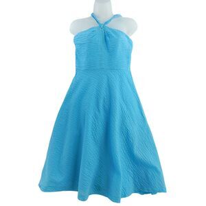 J.Crew Bright Blue Cotton Seersucker Halter Dress Size 6 Style Knee Length 10681